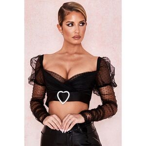 House of CB Clara Long Sleeve Dotted Gathered Mesh Puff Sleeve Heart Buckle Top